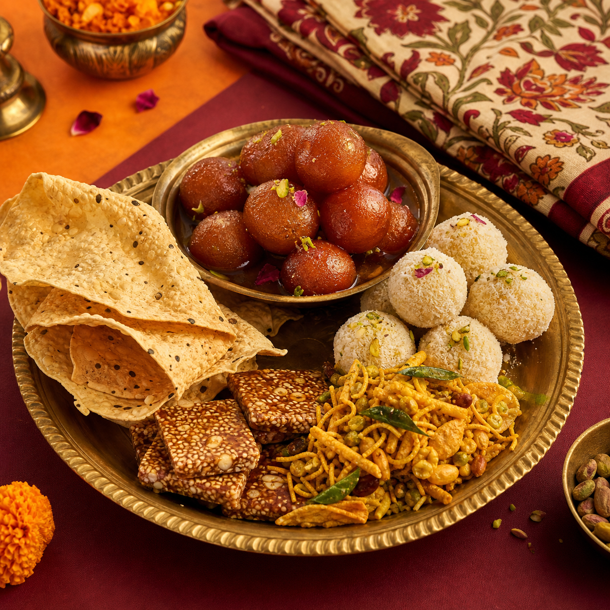 Indische Snacks und Süßigkeiten auf einem Messingteller