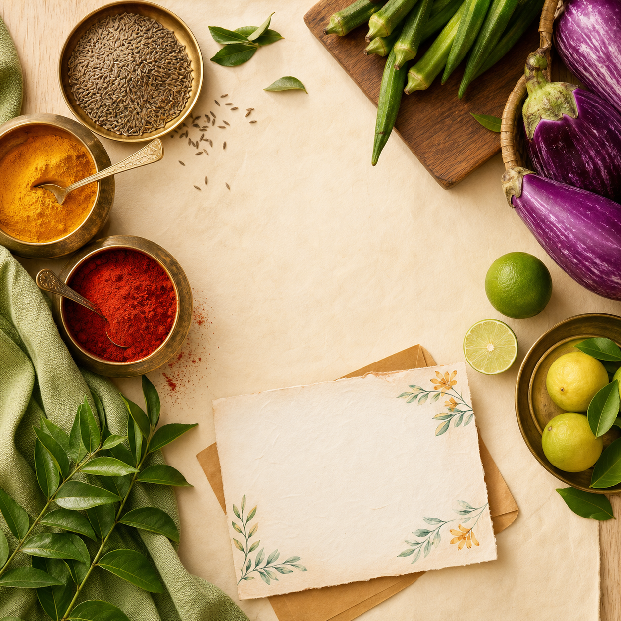 Generiertes Flatlay mit indischen Gewürzen und frischem Gemüse